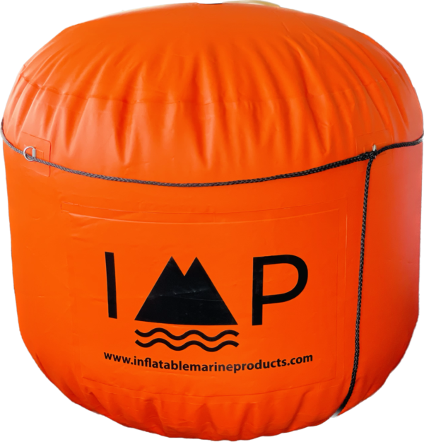 A inflatable buoy is shown with the word " imp " on it.